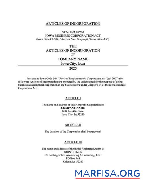 Realistic USA Iowa articles of incorporation Word and PDF template
